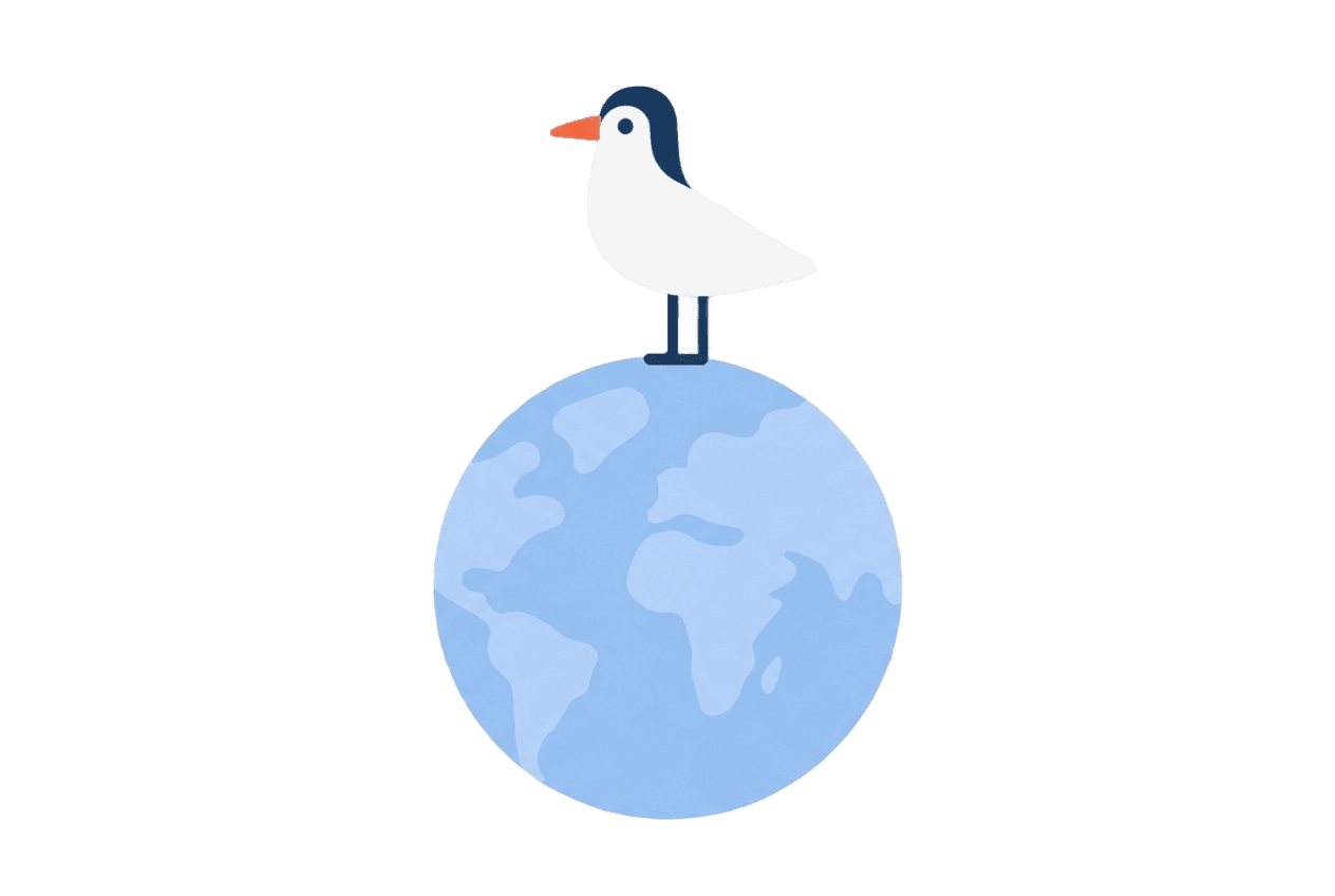 WestConnect seagull mascot perched on a globe, representing global emigration support